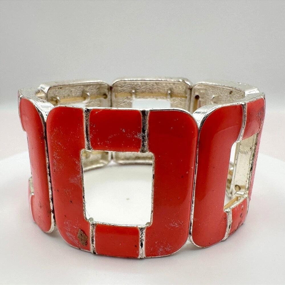 Vintage 90s Silver Tone Red Stretch Bracelet Geometric Retro Statement Jewelry
